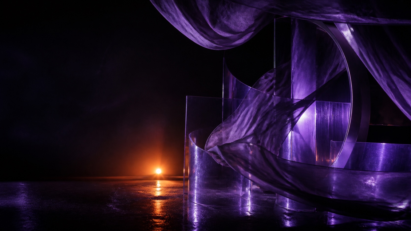 Abstract Til6 editorial artwork made from violet fabric, translucent forms and a warm horizon light